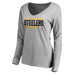 Pittsburgh Steelers Women's Iconic Collection On Side Stripe Long Sleeve V-Neck T-Shirt Ash - NFL