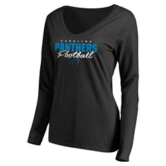 Carolina Panthers Women's Iconic Collection Script Assist Long Sleeve V-Neck T-Shirt Black - NFL