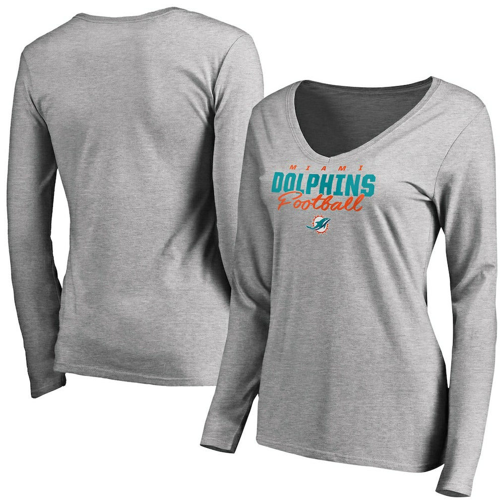 Miami Dolphins Women's Iconic Collection Script Assist Long Sleeve V-Neck T-Shirt Ash - NFL