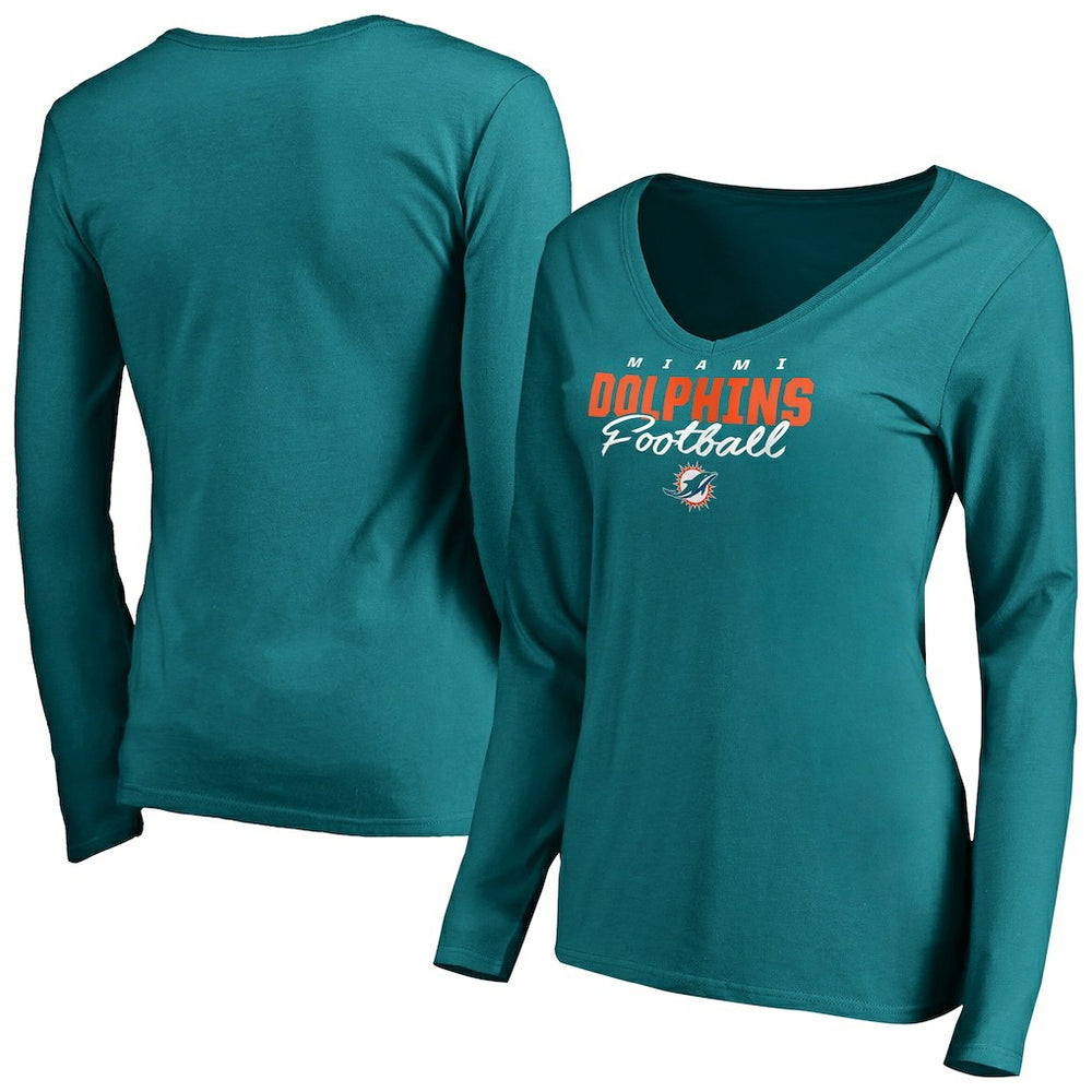 Miami Dolphins Women's Iconic Collection Script Assist Long Sleeve V-Neck T-Shirt Aqua - NFL