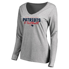 New England Patriots Women's Iconic Collection Script Assist Long Sleeve V-Neck T-Shirt Ash - NFL