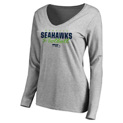 Seattle Seahawks Women's Iconic Collection Script Assist Long Sleeve V-Neck T-Shirt Ash - NFL