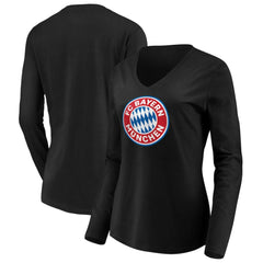 Bayern Munich Women's Logo Long Sleeve V-Neck T-Shirts - Black