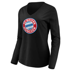 Bayern Munich Women's Logo Long Sleeve V-Neck T-Shirts - Black