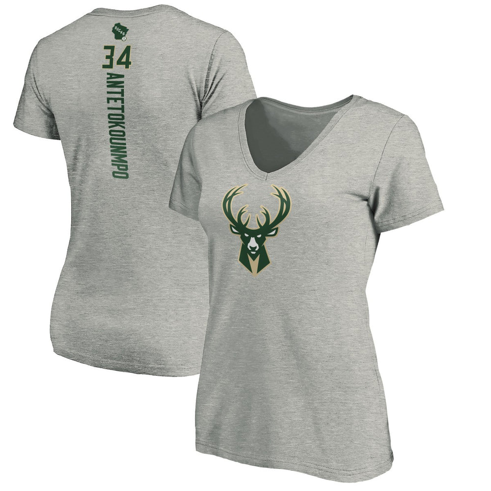 NBA - Giannis Antetokounmpo Milwaukee Bucks Women's Playmaker Name & Number V-Neck T-Shirt - Heathered Gray