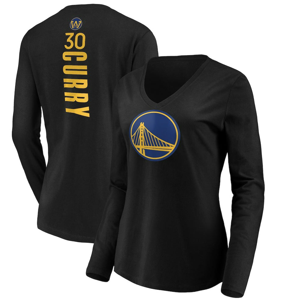 NBA - Stephen Curry Golden State Warriors Women's Playmaker Name & Number Long Sleeve V-Neck T-Shirt - Black