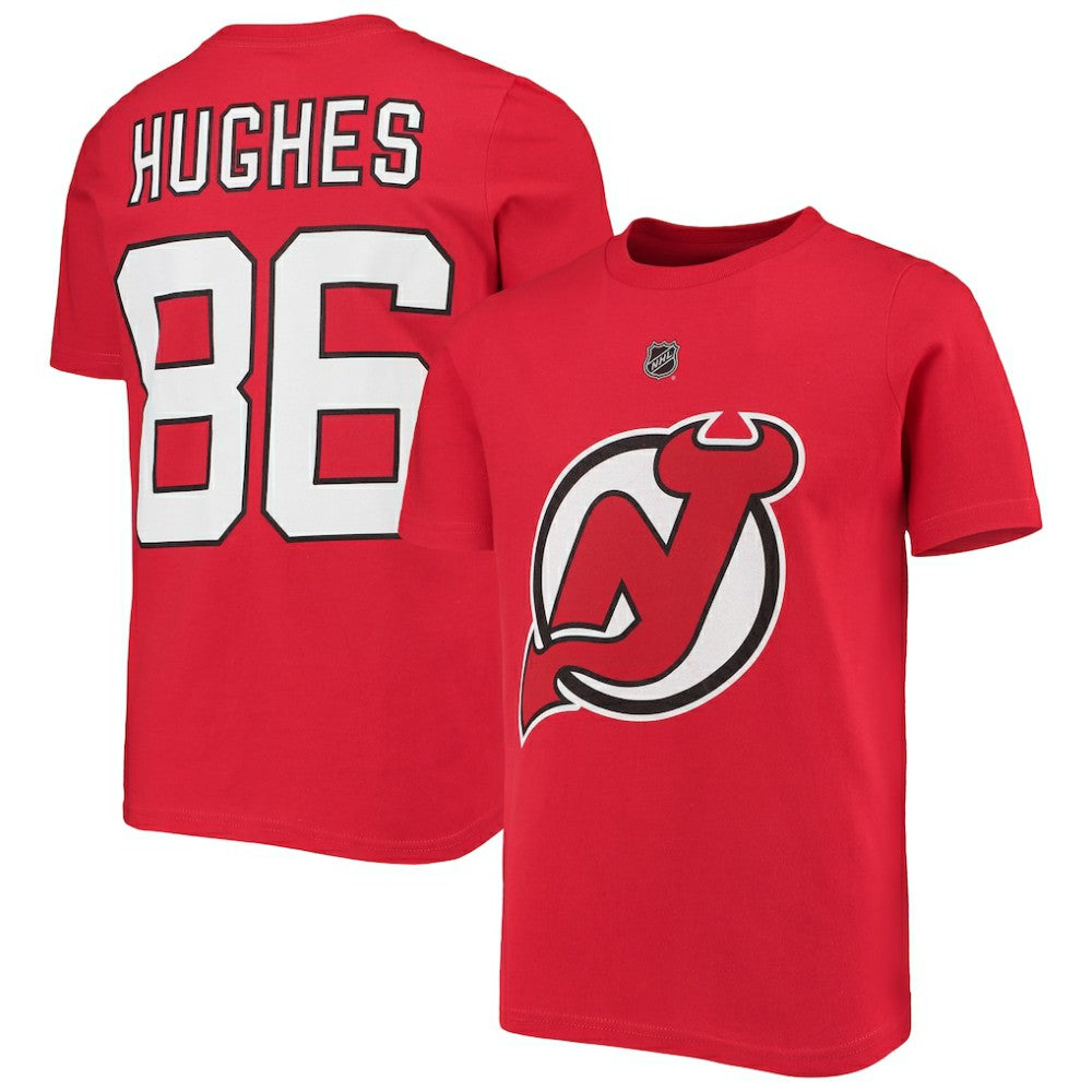Jack Hughes New Jersey Devils - Youth Player Name & Number T-Shirt Red