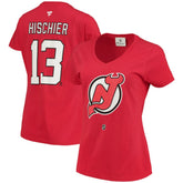 Nico Hischier New Jersey Devils - Fanatics Women's Name & Number Logo V-Neck T-Shirt Red