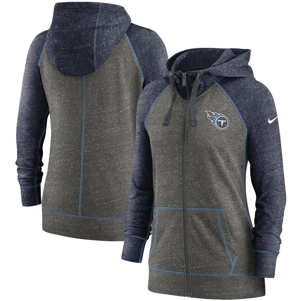 Tennessee Titans Women's Gym Vintage Raglan Full-Zip Hoodie Heathered Charcoal/Navy - Nike