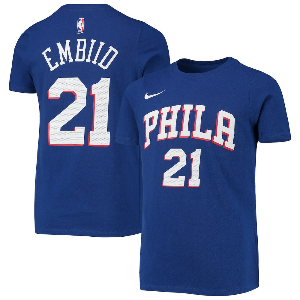 Nike - Joel Embiid Philadelphia 76ers Youth Logo Name & Number Performance T-Shirt - Royal