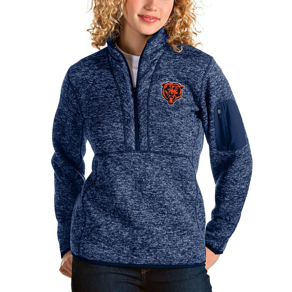 Chicago Bears Antigua Women's Bear Head Fortune Half-Zip Pullover Jacket Heather Navy - NFL