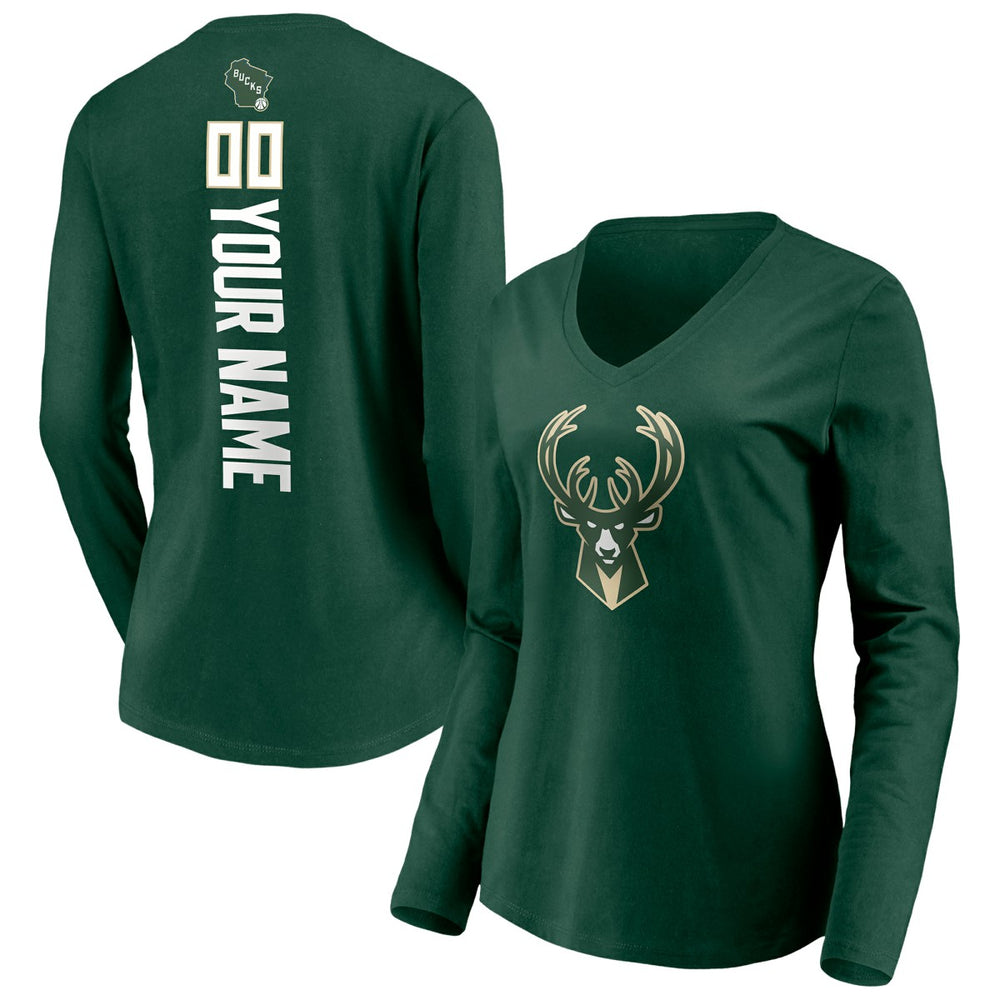 NBA - Milwaukee Bucks Women's Playmaker Personalized Name & Number Long Sleeve V-Neck T-Shirt - Hunter Green