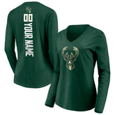 NBA - Milwaukee Bucks Women's Playmaker Personalized Name & Number Long Sleeve V-Neck T-Shirt - Hunter Green