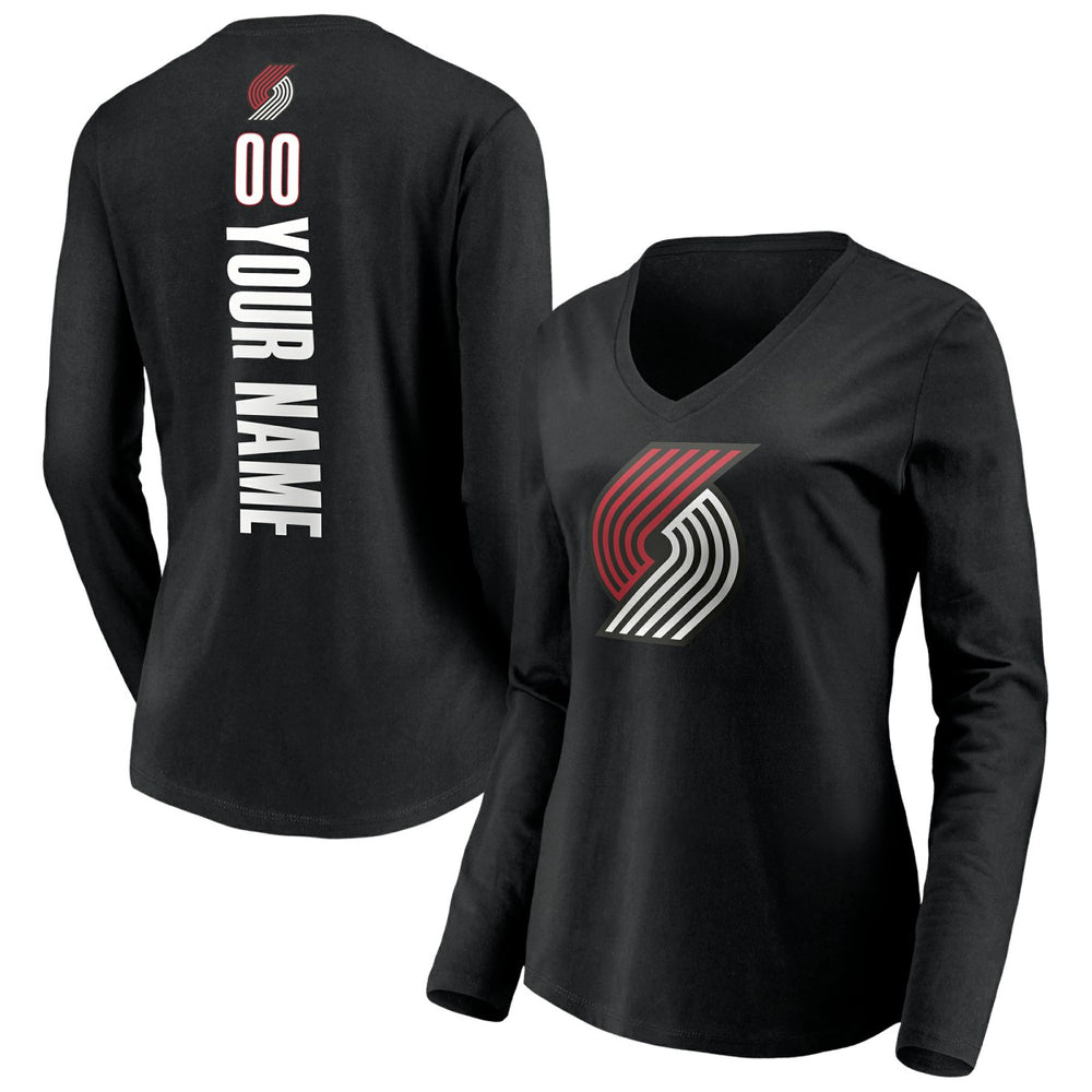 NBA - Portland Trail Blazers Women's Playmaker Personalized Name & Number Long Sleeve V-Neck T-Shirt - Black