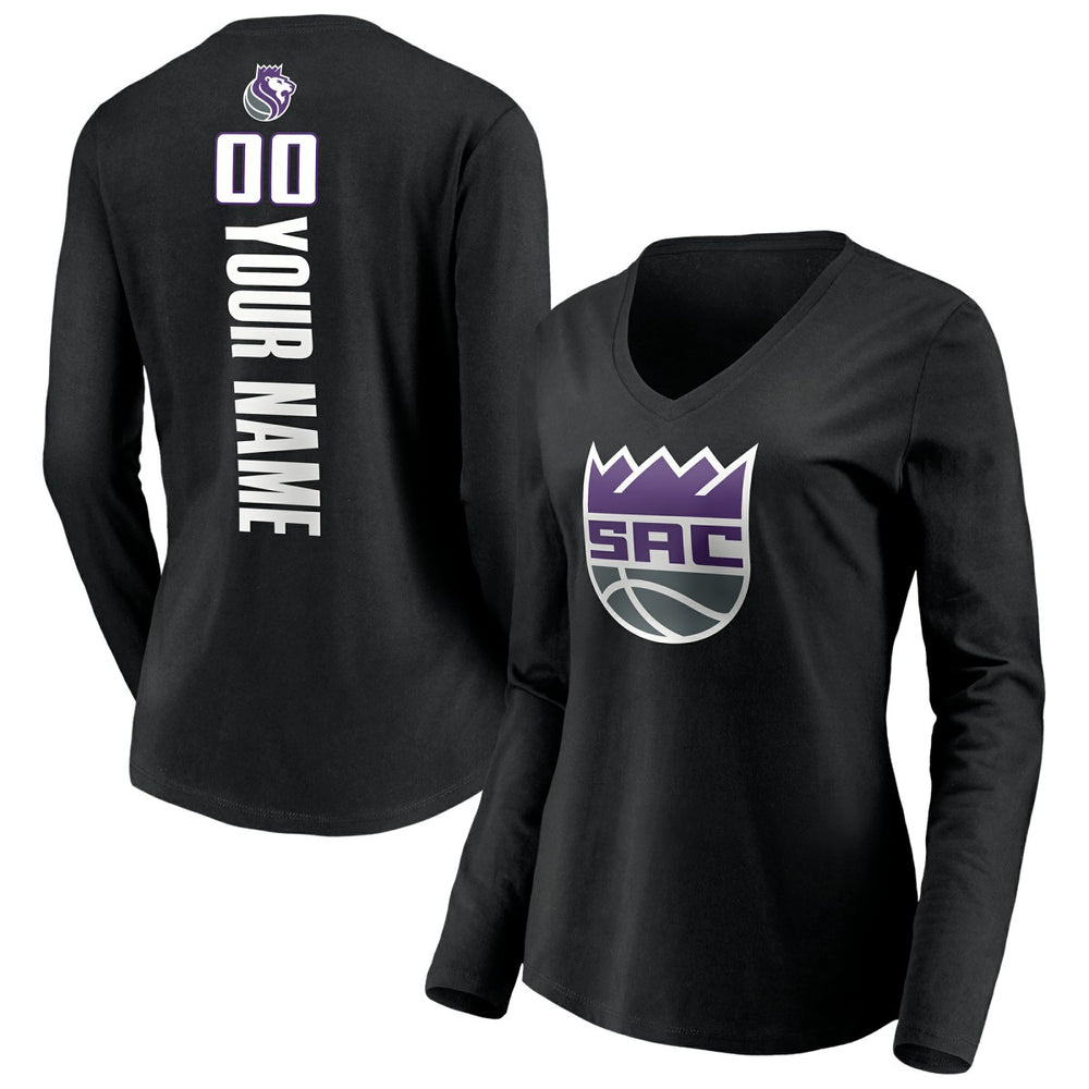 NBA - Sacramento Kings Women's Playmaker Personalized Name & Number Long Sleeve V-Neck T-Shirt - Black