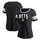Fanatics - Brooklyn Nets Women's Block Party Striped Sleeve T-Shirt - Black/Heathered Gray