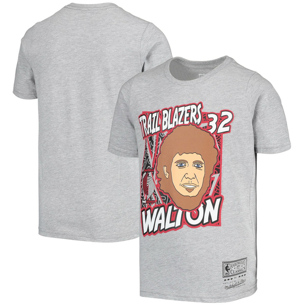 Mitchell & Ness - Bill Walton Portland Trail Blazers Youth Hardwood Classics King of the Court Player T-Shirt - Gray