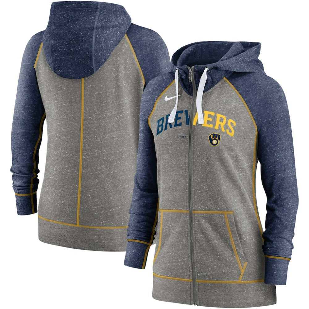 Milwaukee Brewers Nike Women's Split Wordmark Gym Vintage Raglan Lightweight Full-Zip Hoodie Lifestyle