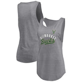 Fanatics - Milwaukee Bucks Women's Quality Time Open Scoop Neck Tri-Blend Tank Top - Heathered Gray