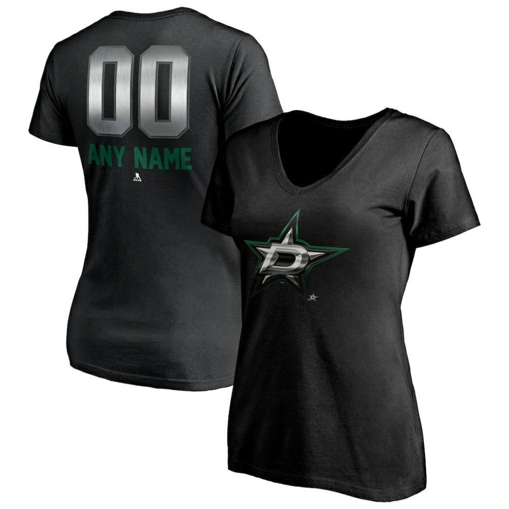 Dallas Stars - Women's Personalized Midnight Mascot Logo V-Neck T-Shirt Black