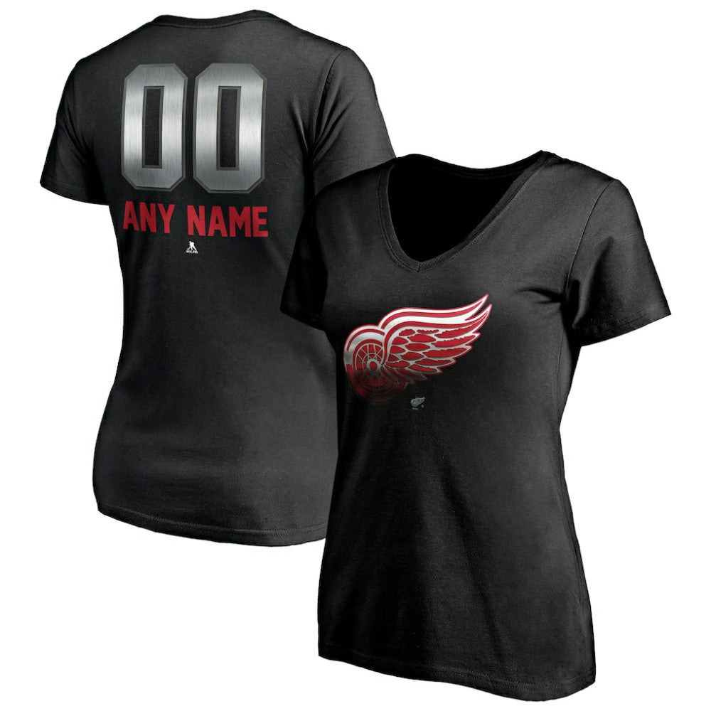 Detroit Red Wings - Women's Personalized Midnight Mascot Logo V-Neck T-Shirt Black