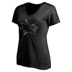San Jose Sharks - Women's Personalized Midnight Mascot Logo V-Neck T-Shirt Black