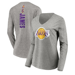 NBA - LeBron James Los Angeles Lakers Women's #6 Playmaker Name & Number Long Sleeve V-Neck T-Shirt - Heathered Gray