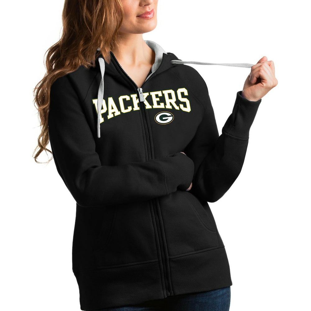 Green Bay Packers Antigua Women's Wordmark Victory Full-Zip Hoodie Black - NFL
