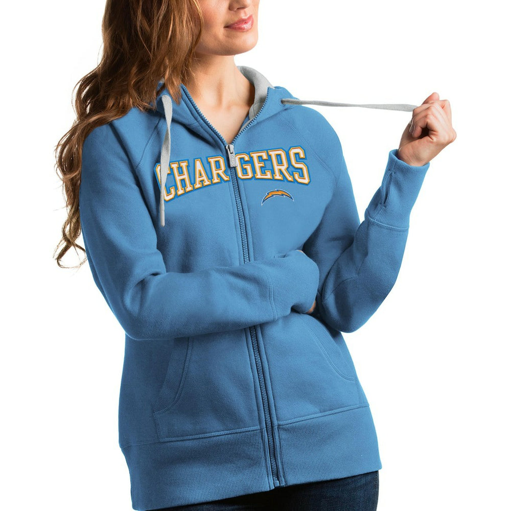 Los Angeles Chargers Antigua Women's Wordmark Victory Full-Zip Hoodie Powder Blue - NFL