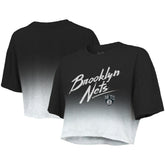 NBA - Brooklyn Nets Majestic Threads Women's Dirty Dribble Tri-Blend Cropped T-Shirt - Black/White