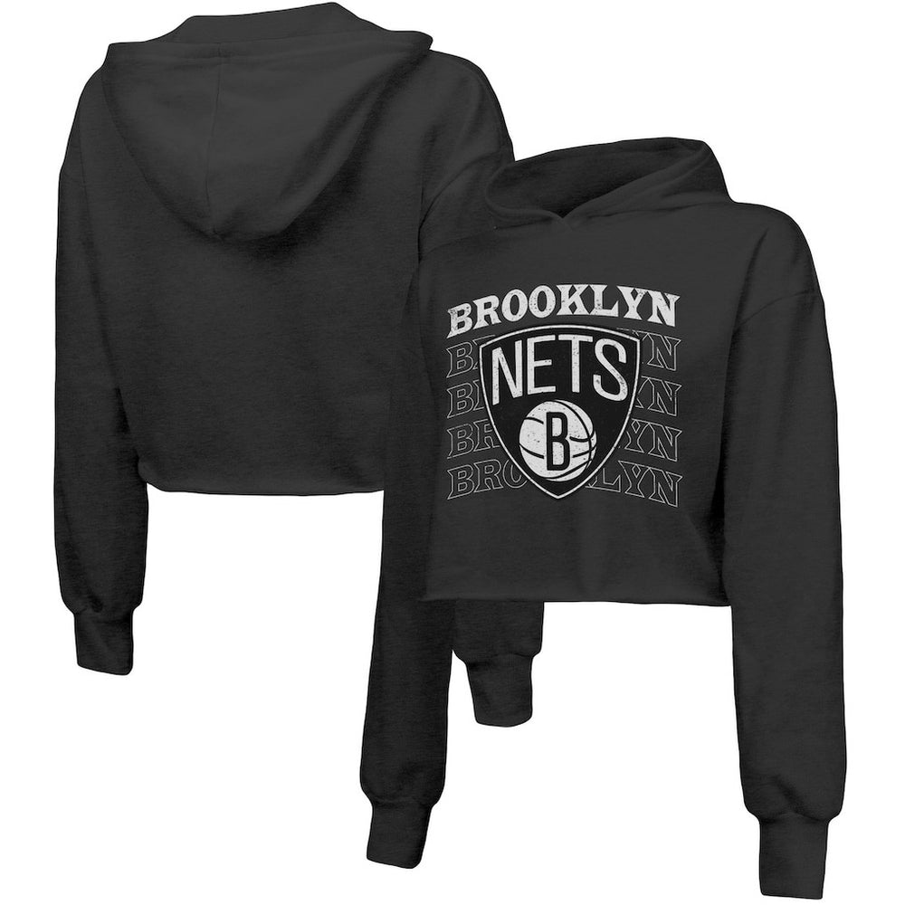 NBA - Brooklyn Nets Majestic Threads Women's Repeat Cropped Tri-Blend Pullover Hoodie - Black