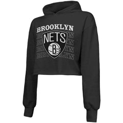 NBA - Brooklyn Nets Majestic Threads Women's Repeat Cropped Tri-Blend Pullover Hoodie - Black