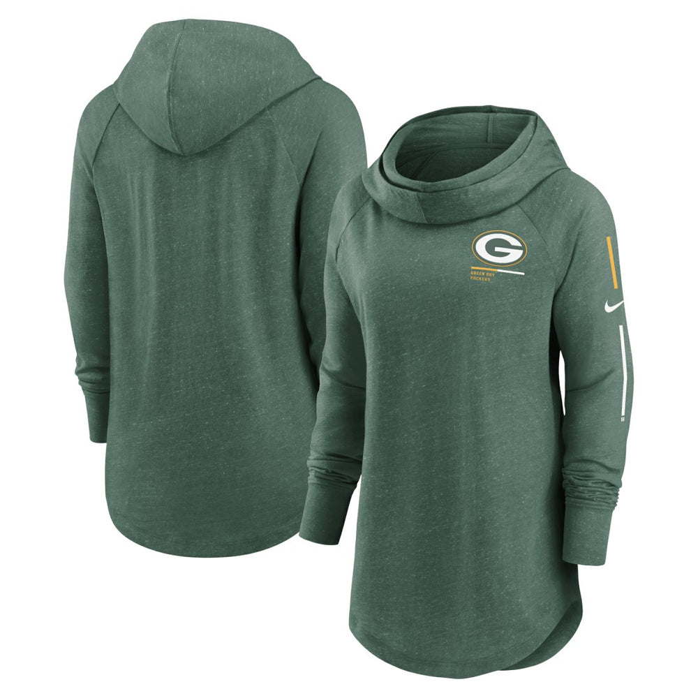 Green Bay Packers Women's Minimal Statement Lightweight Raglan Funnel Neck Pullover Hoodie Heather Green - Nike