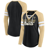 New Orleans Saints Women's True to Form Raglan Lace-Up V-Neck Long Sleeve T-Shirt Black/Gold - Fanatics