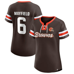 Baker Mayfield Cleveland Browns Women's Athena Name & Number Notch Neck T-Shirt Brown - Fanatics