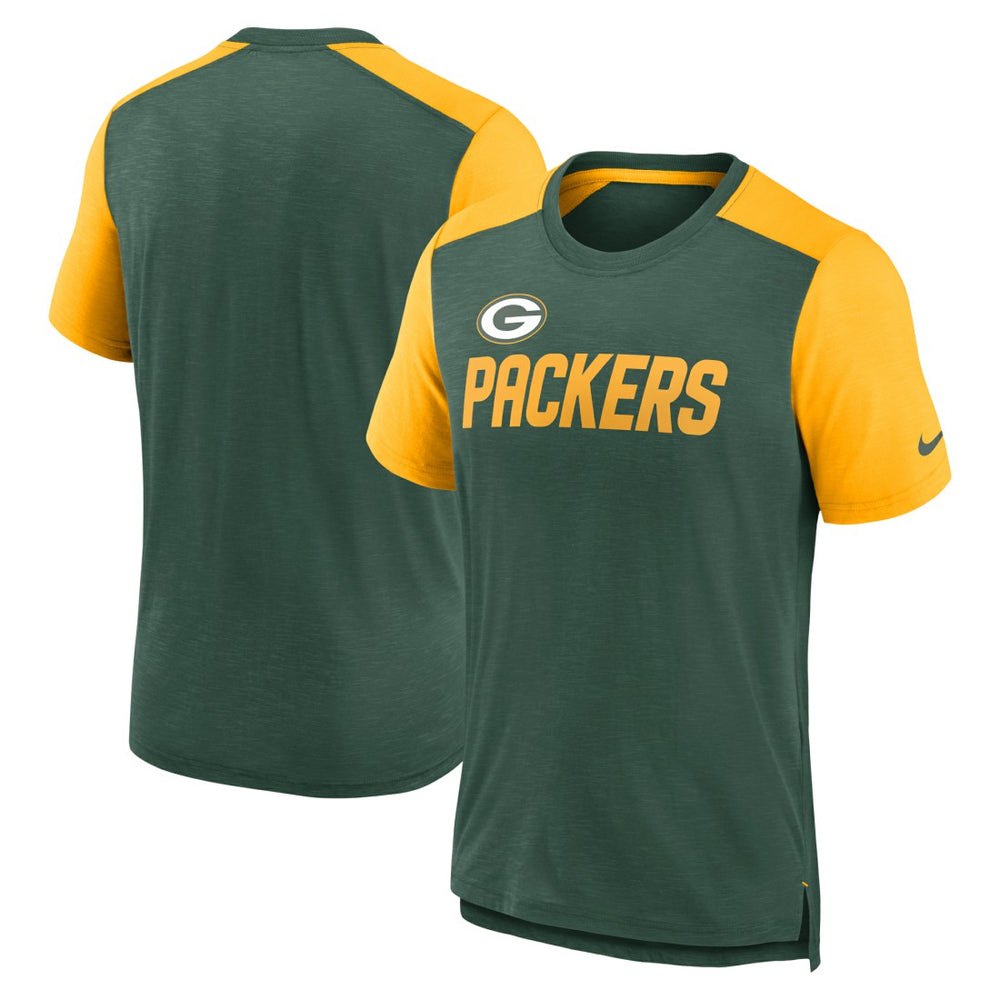 Green Bay Packers Color Block Team Name T-Shirt Heathered Green/Heathered Gold - Nike