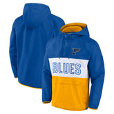 St. Louis Blues - Fanatics Backhand Shooter Defender Anorak Raglan Hoodie Quarter-Zip Jacket Blue/Gold