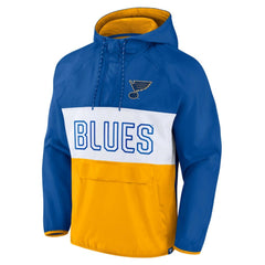 St. Louis Blues - Fanatics Backhand Shooter Defender Anorak Raglan Hoodie Quarter-Zip Jacket Blue/Gold