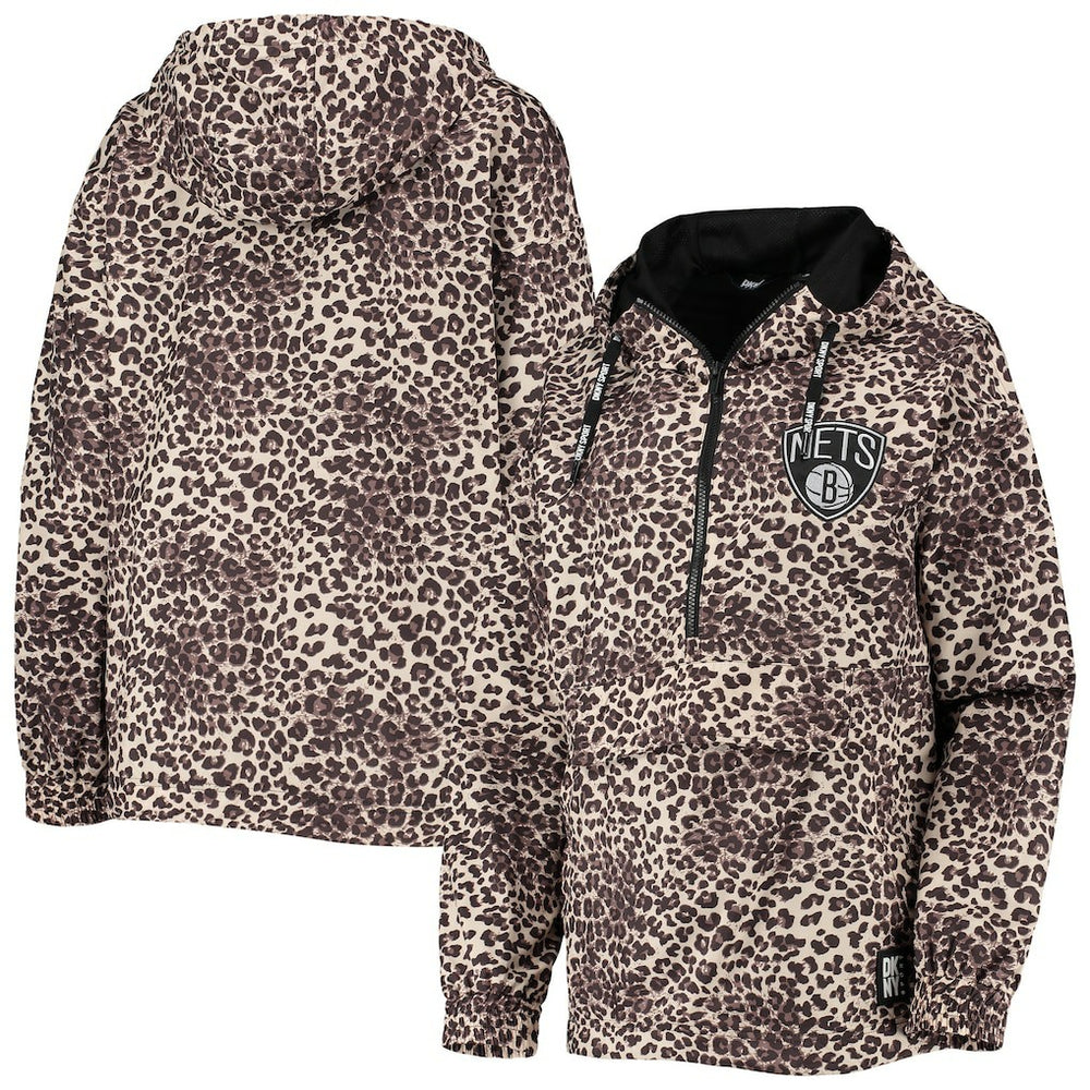 NBA - Brooklyn Nets DKNY Sport Women's Gabriella Windbreaker Half-Zip Hoodie - Leopard