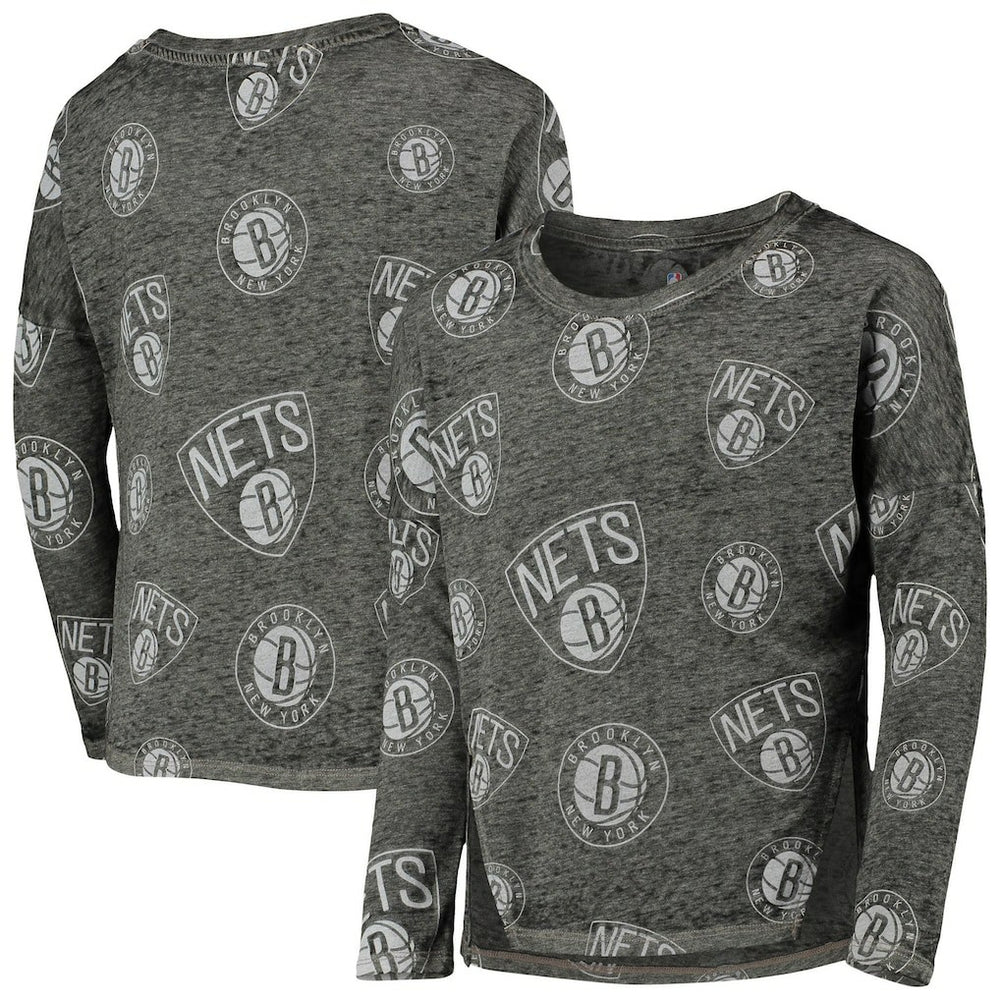 NBA - Brooklyn Nets Girls Youth Back in Action Long Sleeve T-Shirt - Heathered Black