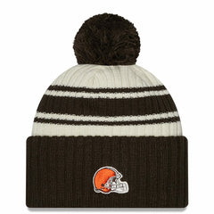 Cleveland Browns New Era Youth 2022 Sideline Sport Cuffed Pom Knit Hat Cream/Brown - NFL