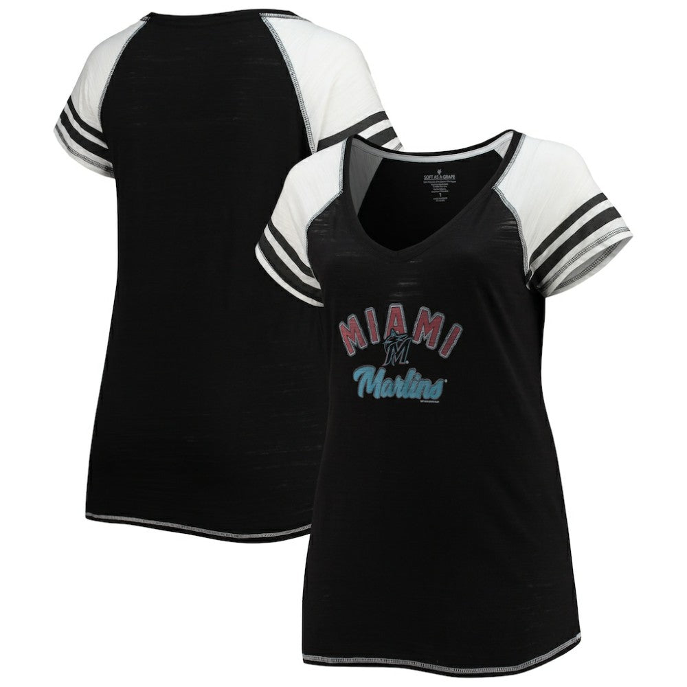 Miami Marlins Soft as a Grape Women's Curvy Color Block Tri-Blend Raglan V-Neck T-Shirt On Sale