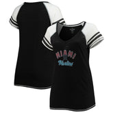 Miami Marlins Soft as a Grape Women's Curvy Color Block Tri-Blend Raglan V-Neck T-Shirt On Sale