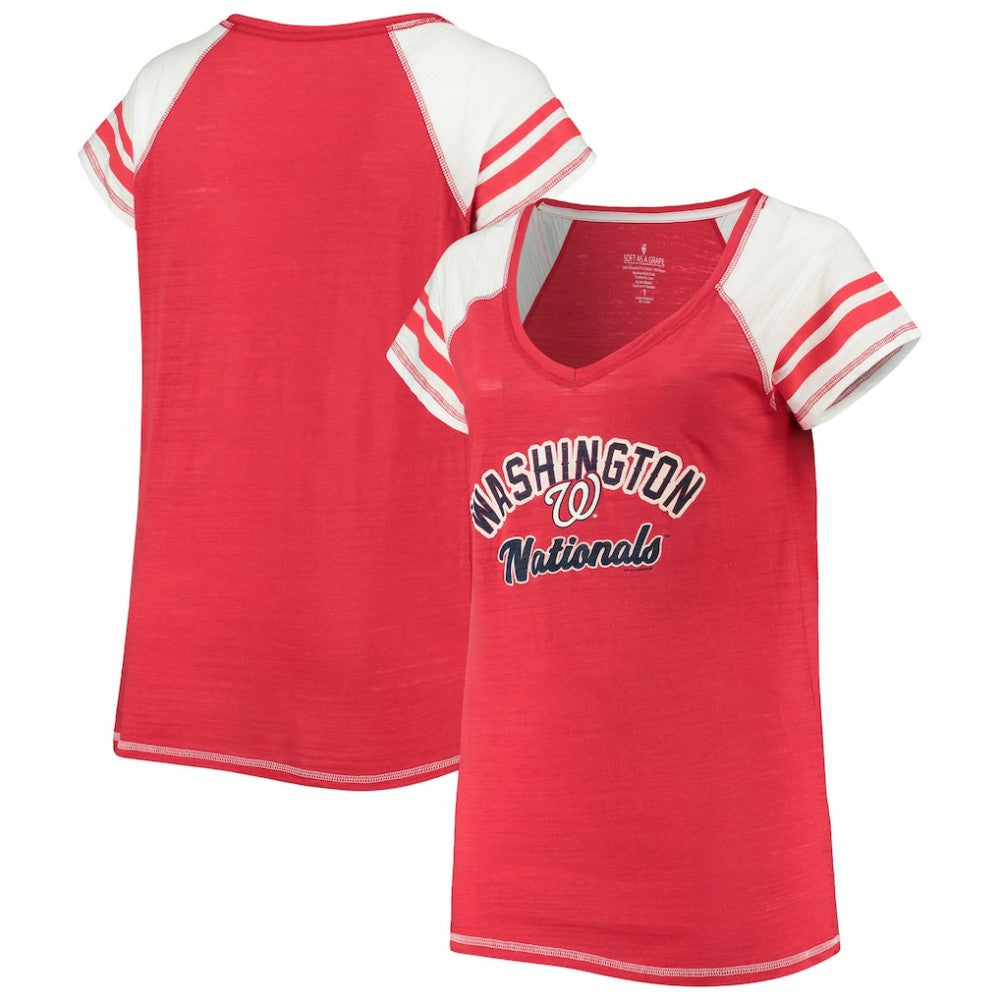 Washington Nationals Soft as a Grape Women's Curvy Color Block Tri-Blend Raglan V-Neck T-Shirt Lifestyle