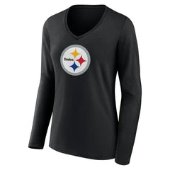 Pittsburgh Steelers Women's Primary Team Logo Long Sleeve V-Neck T-Shirt Black - NFL