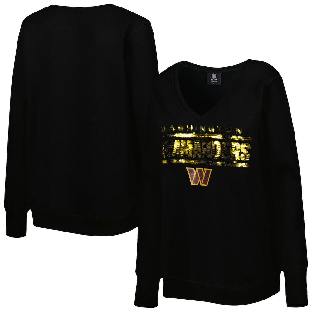 Washington Commanders Cuce Women's Sequin Logo V-Neck Pullover Sweatshirt Black - NFL