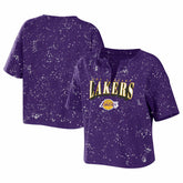 NBA - Los Angeles Lakers WEAR by Erin Andrews Women's Bleach Splatter Notch Neck T-Shirt - Purple