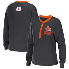 Cleveland Browns WEAR by Erin Andrews Women's Waffle Henley Long Sleeve T-Shirt Charcoal - NFL