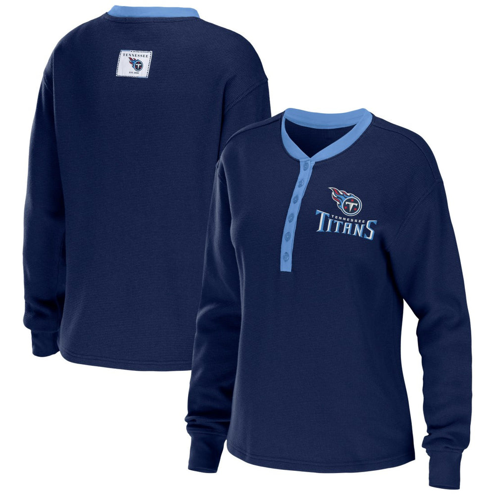 Tennessee Titans WEAR by Erin Andrews Women's Waffle Henley Long Sleeve T-Shirt Navy - NFL