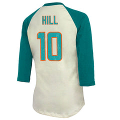 Tyreek Hill Miami Dolphins Majestic Threads Vintage Player Name & Number Raglan 3/4-Sleeve T-Shirt Cream/Aqua - NFL